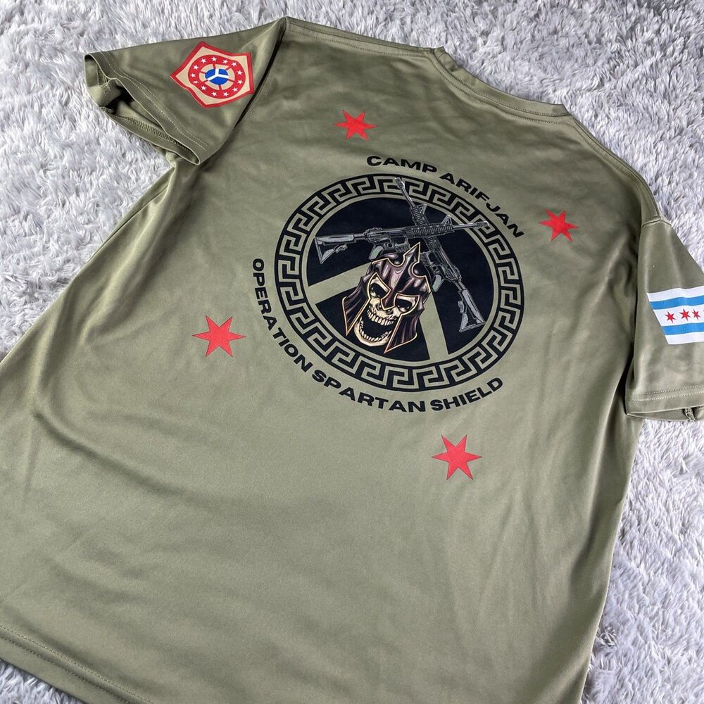 Army Combat Unit Shirt Mens Large Green Operation Spartan Shield Kuwait Skull